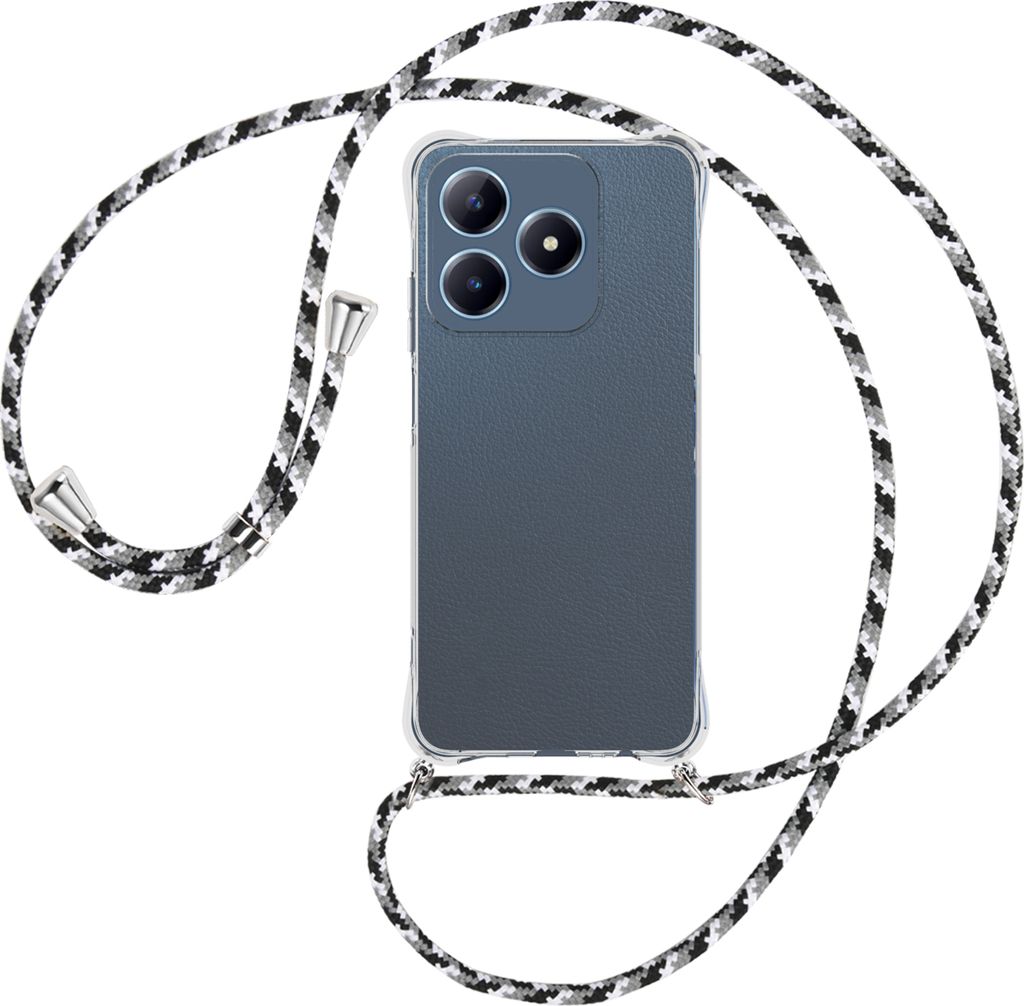 Handykette Backcover-Schutzhülle mit Band (Metall silberfarben) für Realme C63 4G - schwarz/grau/weiß