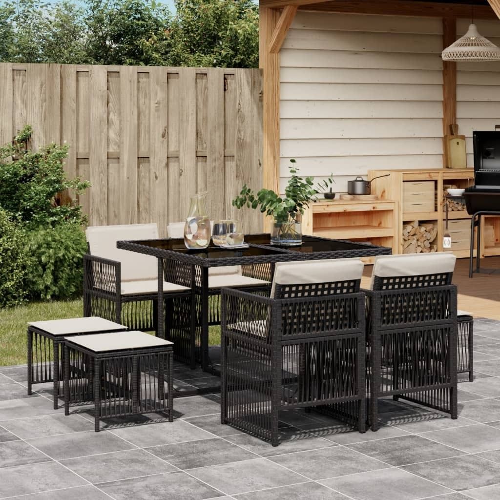 Maison Exclusive - 9-tlg. Garten-Essgruppe mit Kissen Schwarz Poly Rattan