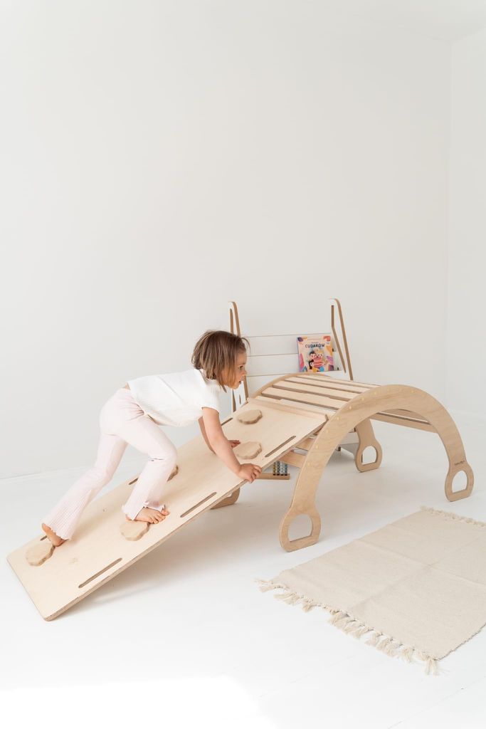 Große Montessori Bogenwippe Kletterbogen + große WÖLKCHEN Rutsche - natural