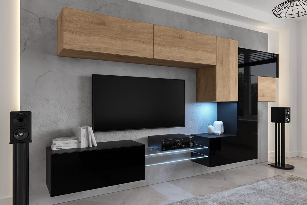 Furnitech Wohnwand Wohnzimmer - Wohnzimmer Möbel mit LED RGB - 16 Farben - Hängend Wohnwand Modern - Regale und TV Schrank (AN92NEW-21SB-HGM28)