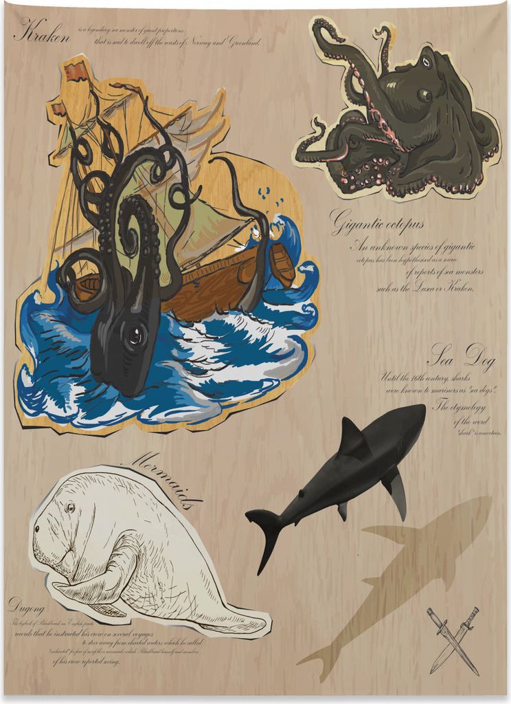 Abakuhaus Nautisch Wandteppich, Seemonster Pirat aus Weiches Mikrofaser Stoff Kein Verblassen Klare Farben Waschbar, 110 x 150 cm, Mehrfarbig