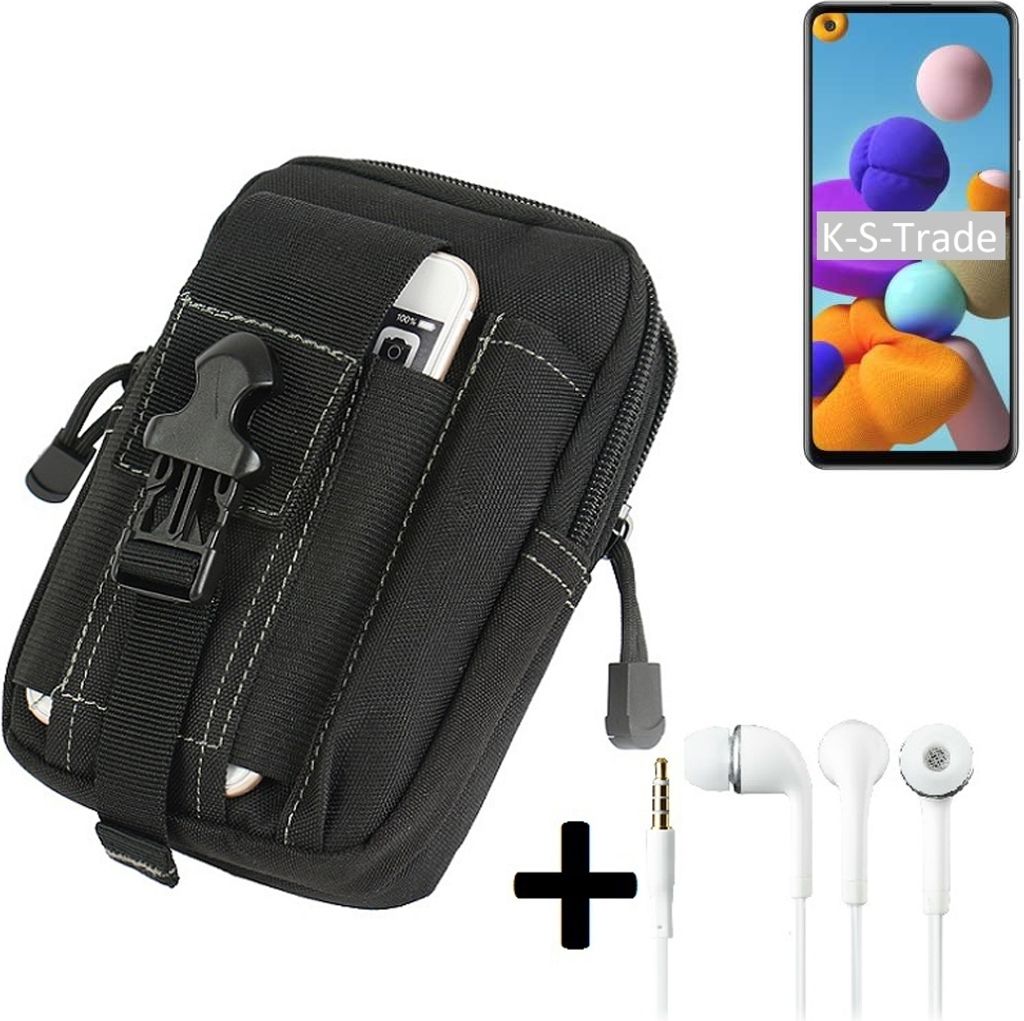 K-S-Trade Gürteltache + Kopfhörer kompatibel mit Samsung Galaxy A21s Gürtel Tasche Holster Schutz Hülle Handy Hülle schwarz inkl. Extrafächer