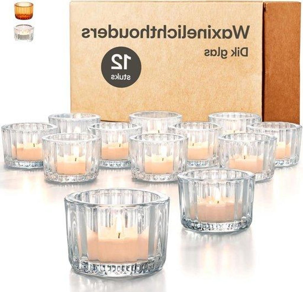 Glas-Set für Tischdekoration - 12 runde Gläser - Stabile Kerzenhalter für Wohn- und Hochzeitsdekoration (Transparent)