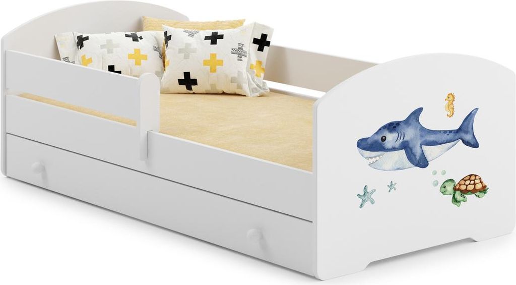 Kinderbett LUK mit Schublade und Schutzbarriere 140x70 cm – Weiß, Haifisch-Motiv, inklusive Matratze und Montageanleitung, sicher und praktisch ...
