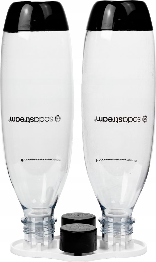 Two clear plastic SodaStream bottles with black caps are standing upright on a white base. The bottles have the SodaStream logo printed on them.