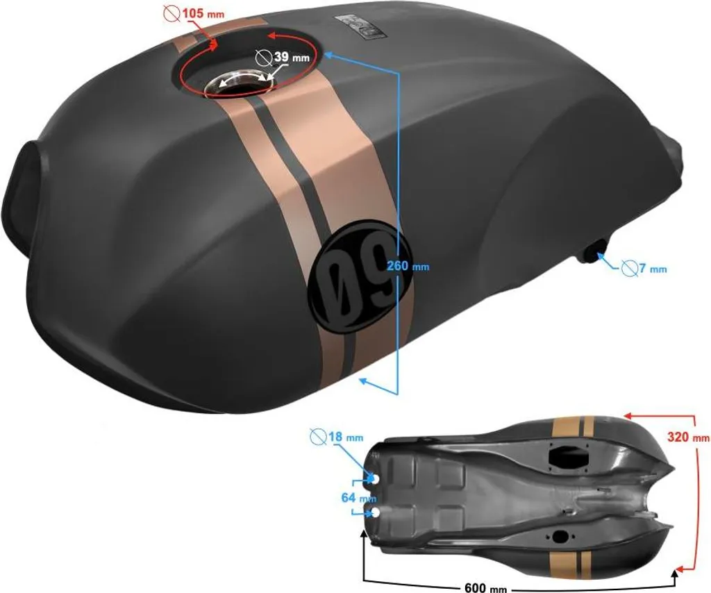 Réservoir Carburant Cafe Racer 50 Version 2 Noir Mat pour Moto Custom