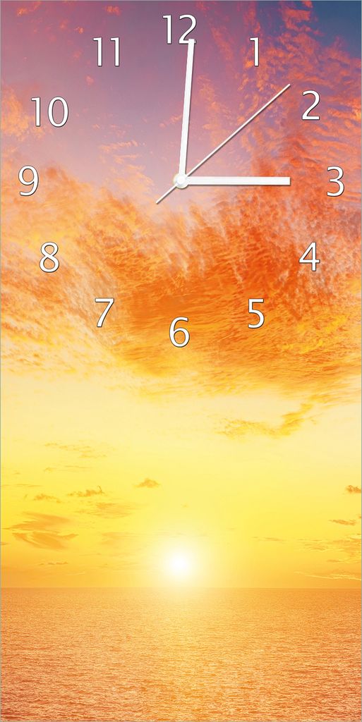 Wallario Design Wanduhr Sonnenuntergang über dem Meer - rote Wolken und blauer Himmel aus Echtglas, Größe 30 x 60 cm