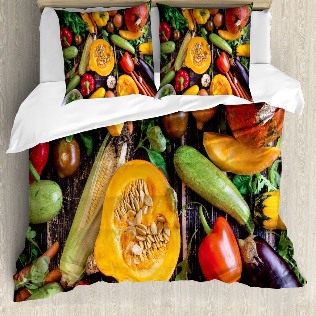 ABAKUHAUS Ernte Bettbezug, Frisches Gemüse Tabelle, Milbensicher Allergiker geeignet mit Kissenbezügen, 200 cm x 200 cm - 80 x 80 cm, Mehrfarbig