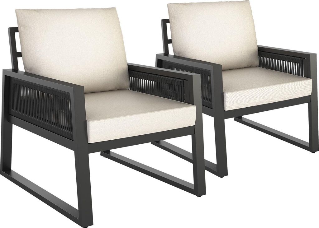 Two outdoor chairs with beige cushions and black frames.