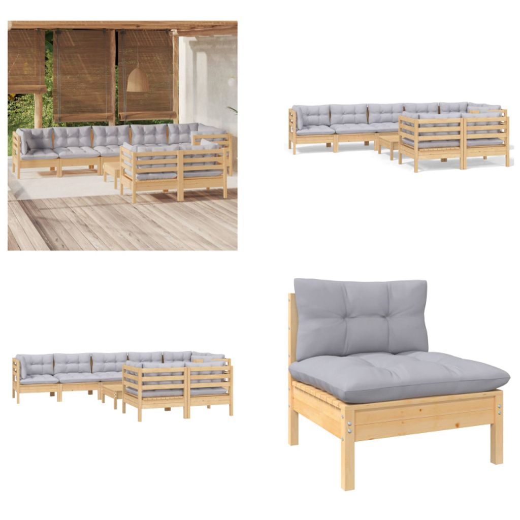 vidaXL 9 tlg. Garten Lounge Set mit Grauen Kissen Kiefer Massivholz - Garten-Lounge-Set - Garten-Lounge-Sets - Gartenmöbel-Set - Gartenmöbel-Sets