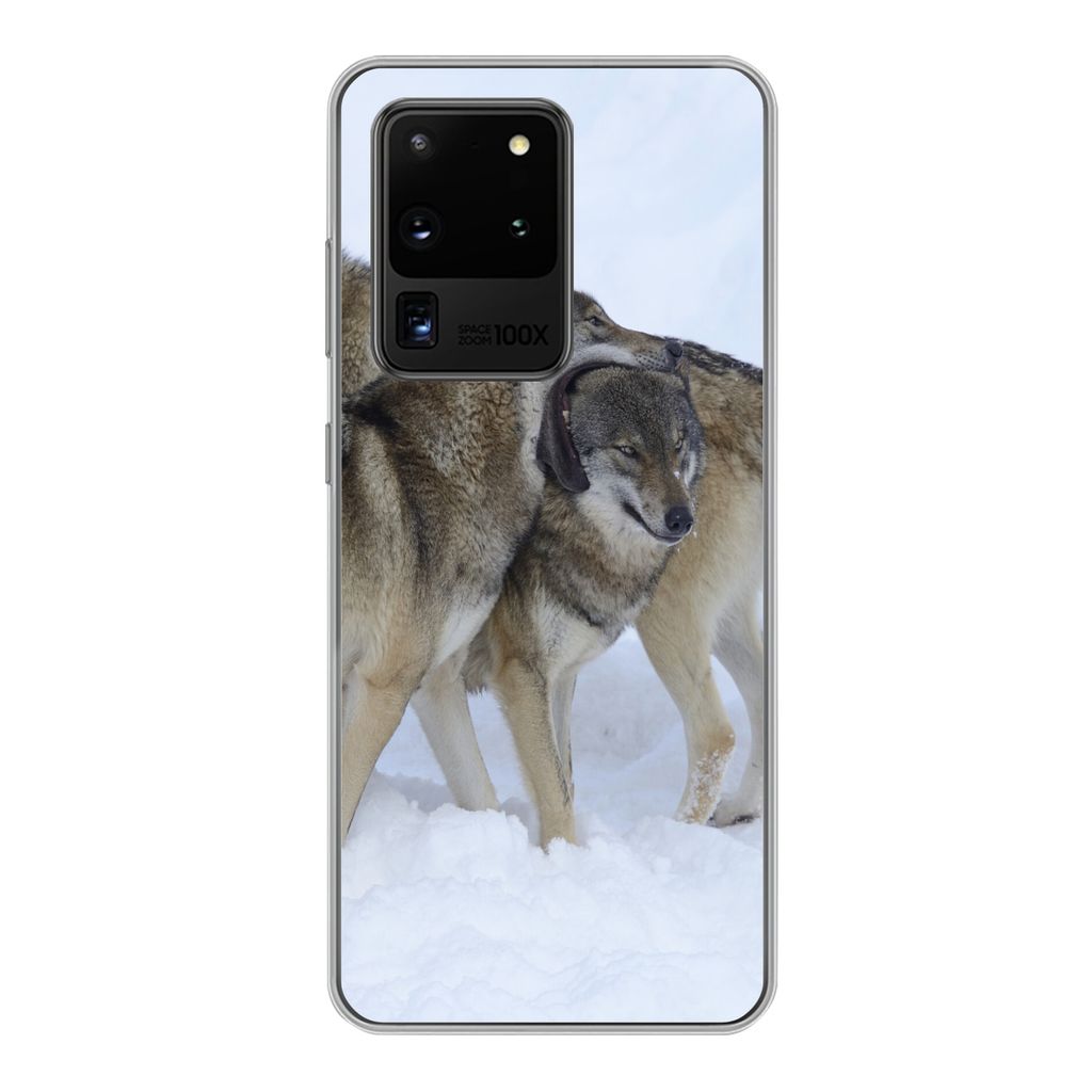 MuchoWow Handyhülle Schutzhülle Hülle für Samsung Galaxy S20 Ultra Wolf - Europa - Schnee Silikon Softcase Handy Hülle - Karteninhaber