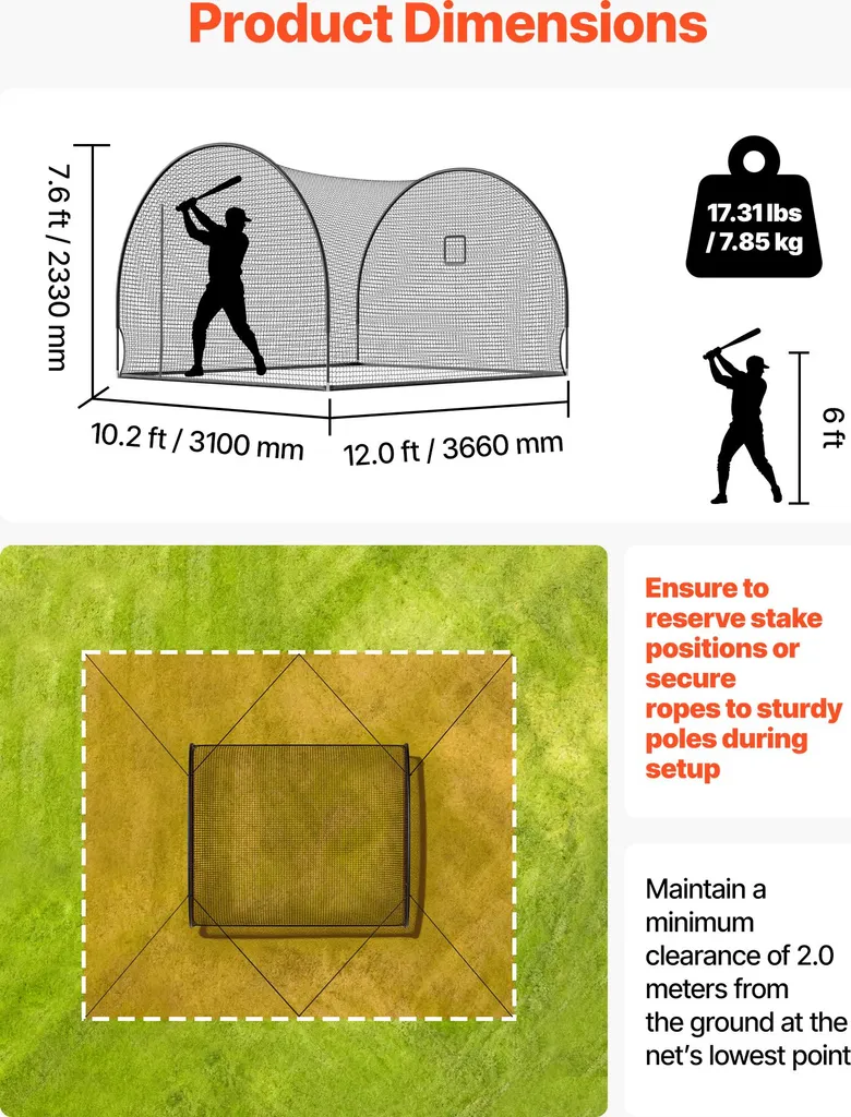 SucceBuy Gabbia da baseball (semicircolare) Rete 366x310x233 cm, rete da allenamento mobile con tessuto in poliestere resistente e senza nodi e apertura per macchine lanciapalle, inclusa rete da allenamento per softball - 2
