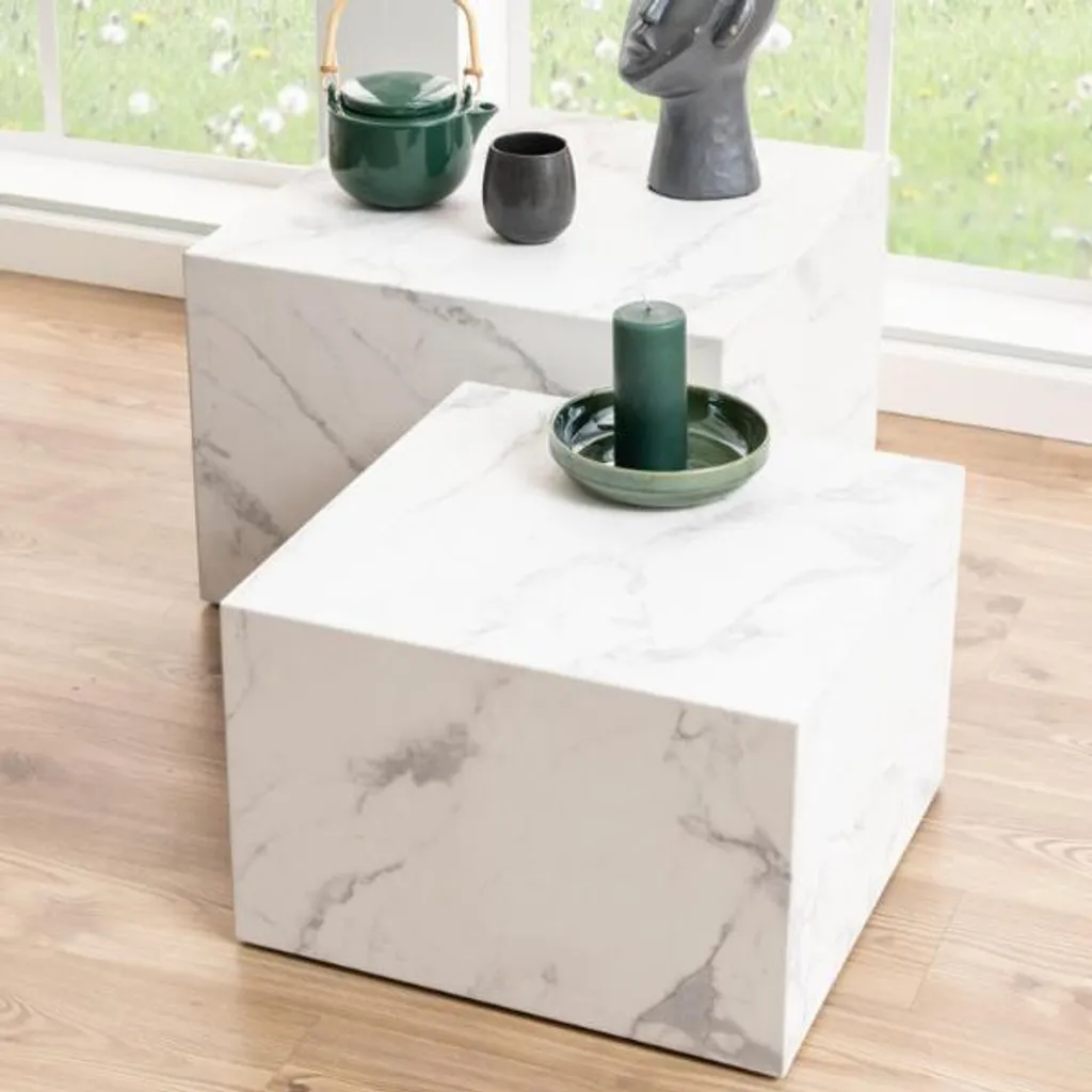 Table basse marbrée blanche Dice set de 2 tables gigognes de salon chic - 2