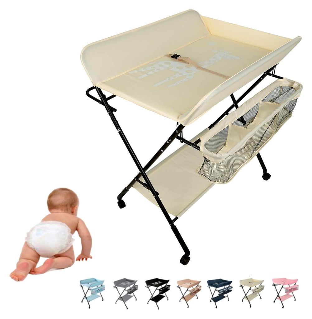 Klappbarer Wickeltisch mit abnehmbarem Wickelaufsatz, Rollen und Aufbewahrungskorb, tragbar und höhenverstellbar für Babys, 80 x 66 x 98 cm (beige)