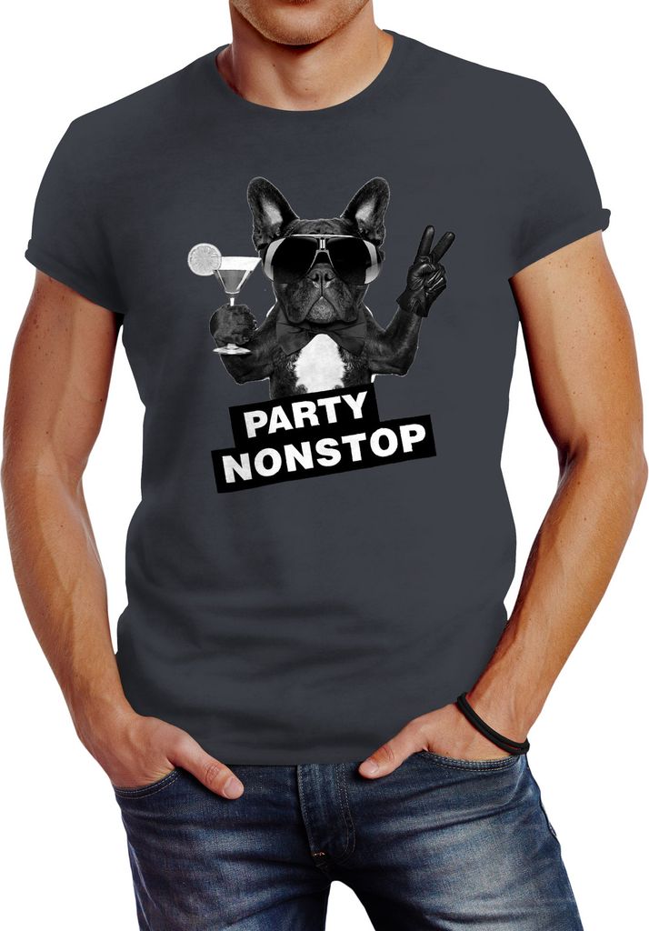 Herren T-Shirt Party Nonstop Mops French Bulldog Slim Fit Neverless dunkelgrau M