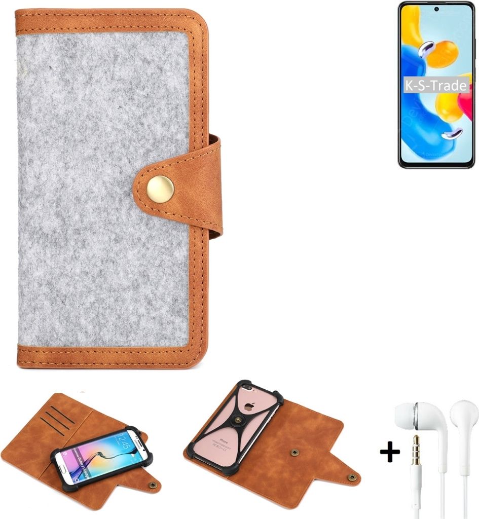 K-S-Trade Handyhülle + Kopfhörer kompatibel mit Xiaomi Redmi Note 11S 5G Schutzhülle Filz Hülle Kunstleder hellgrau braun (1x)