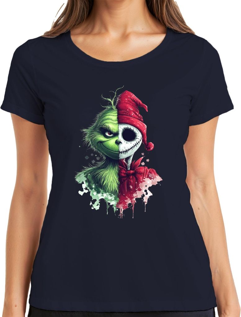 Grinch Jack Skellington Halbgesicht Weihnachten Grusel Halloween Damen T-Shirt, Navy, S