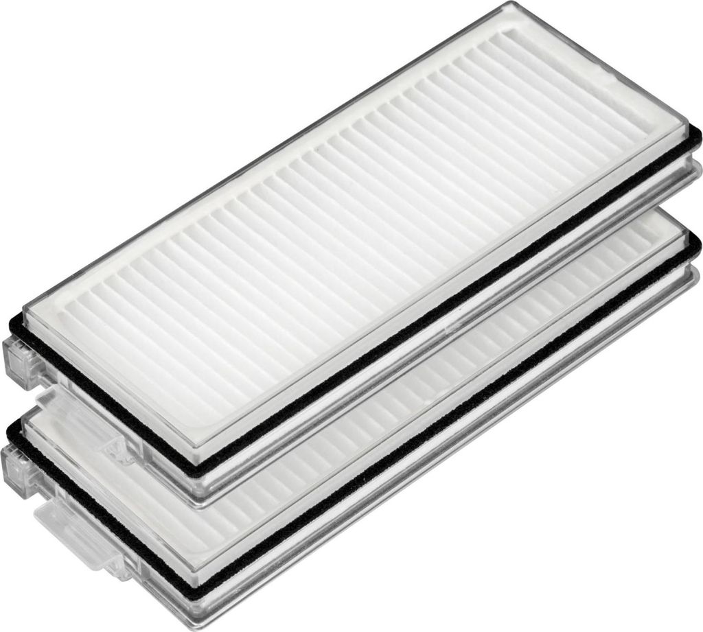 Two white filters stacked on top of each other, with black rubber seals around the edges.