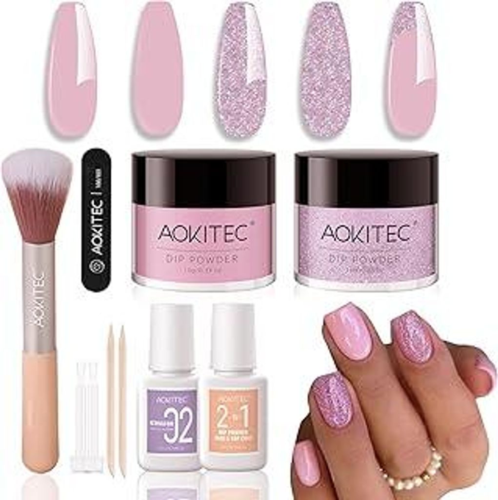 Aokitec Dipping Powder Nails Set - Pink & Glitzer Dip Powder mit Dip Liquid Base Nagelzubehör für Nail Art, Nägel Set zum einfachen Mitnehmen, N...