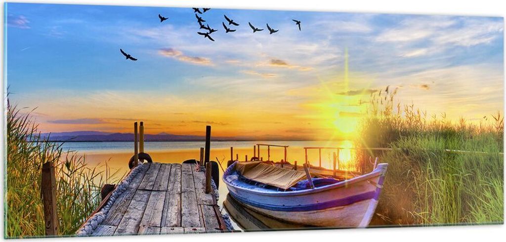 Bilder auf glas - See Boot Wasser - 100x40cm - Glasbilder - Wandbilder - Kunstdruck - zum Aufhängen bereit - Wanddekoration aus Glas - Glas Bilder...