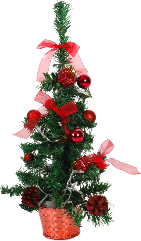 Künstlicher Weihnachtsbaum mit 20 LEDs, dekoriert mit je 3 Schleifen, Tannenzapfen, Weihnachtspäckchen, 7 Christbaumkugeln, Adventsdeko, rot