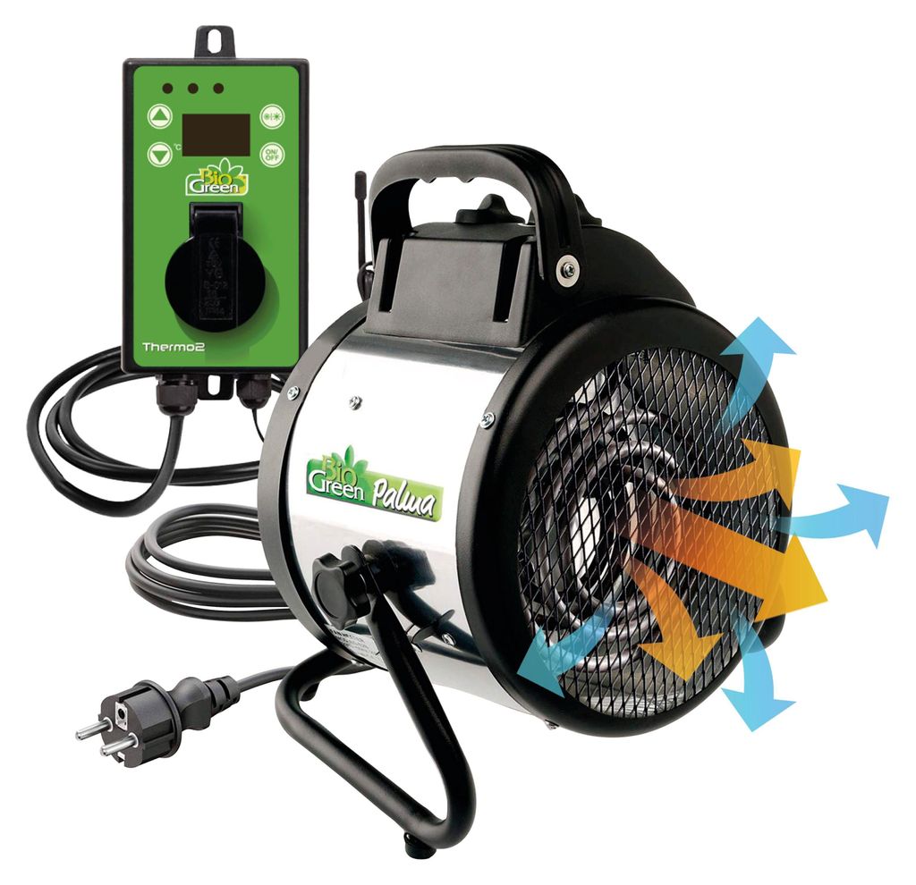 A greenhouse heater and its digital thermostat are shown against a white background. Arrows indicate airflow from the heater.