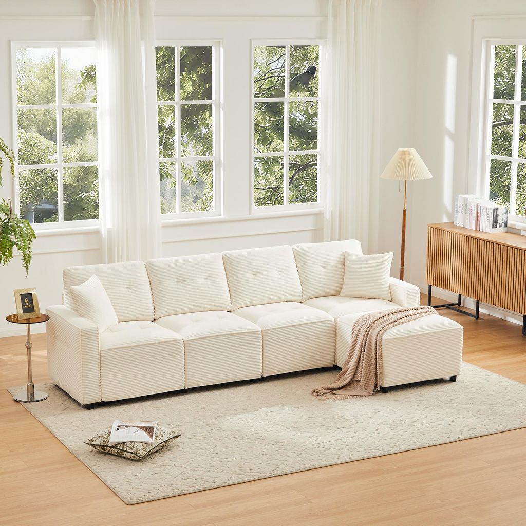 Merax 4-Sitzer Sofa, Cord-Sofa mit Stauraum, Flexibler Hocker und bequemer Kaltschaum-Polsterung, Polstersofa, für Apartment & Wohnzimmer, Beige