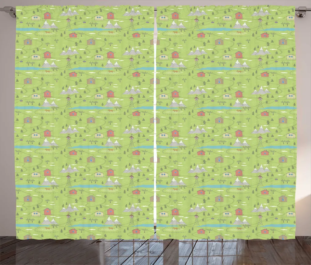Rideau rustique ABAKUHAUS motif lac et montagnes vert avocat 280x225 cm