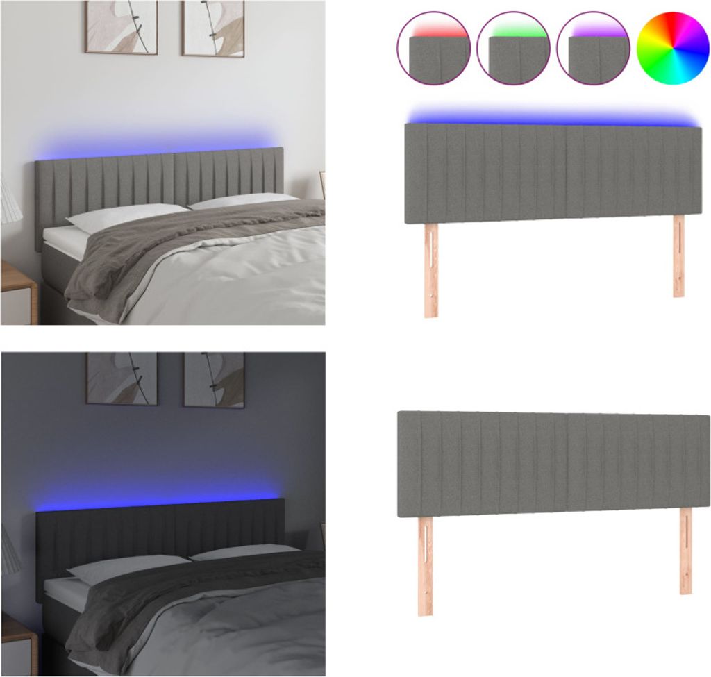 vidaXL LED Kopfteil Dunkelgrau 144x5x78/88 cm Stoff - LED Kopfteil - LED Kopfteile - Kopfteil - Bett-Kopfteil