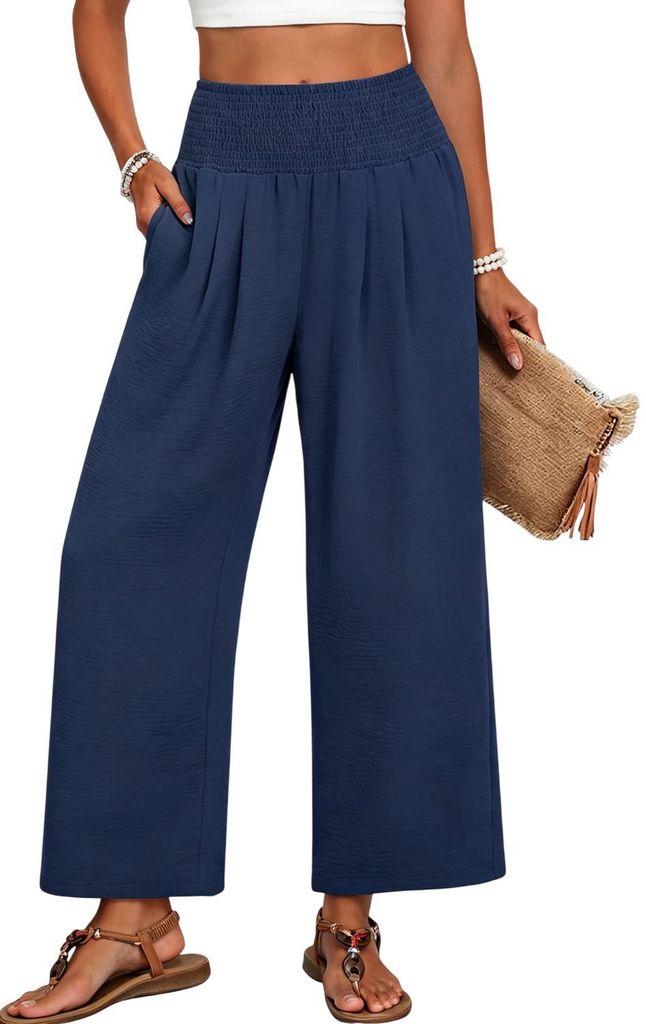 ASKSA Damen Leinenhose Sommerhose Leicht Strandhose Locker Stoffhose Weite Beine Musselin Palazzo Hose mit Taschen (Dunkelblau,XL)
