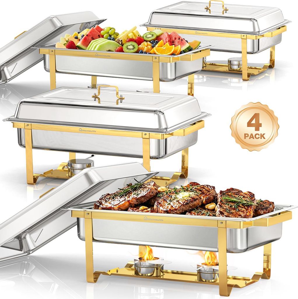 WARMOUNTS Chafing Dish 4er Set - 11 QT (ca.10L) GN-Vollformat Speisewärmer, halbgold, Edelstahl, stapelbar, mit Deckelhalter für Catering & Events