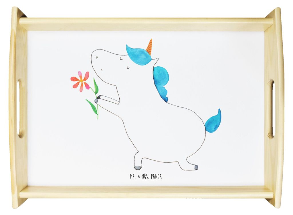 Mr. & Mrs. Panda Tablett Einhorn Blume - Weiß - Geschenk, Ehepaar, Unicorn, aus holz, Freund, sofatablett, Deko, Liebe, Einhörner, Sofa