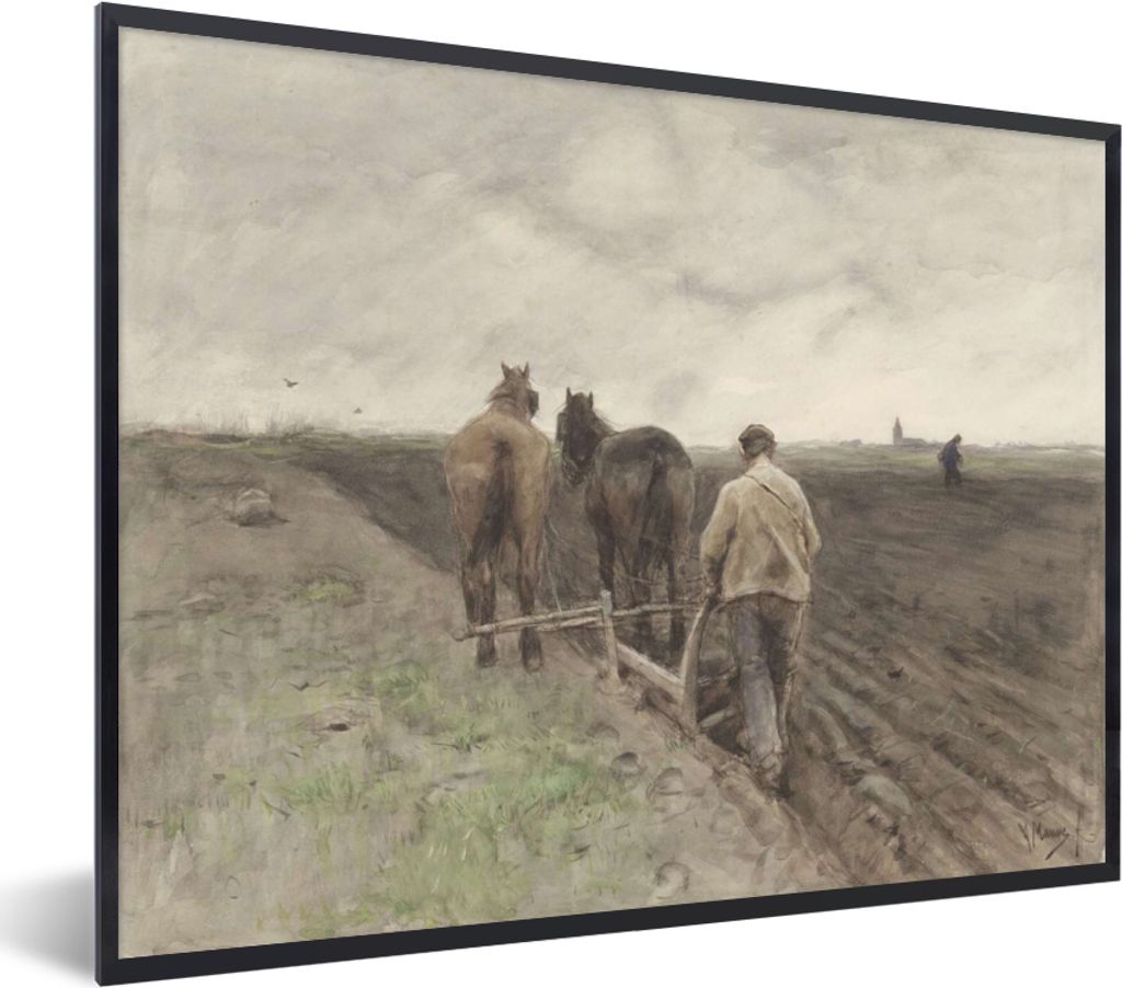 MuchoWow MuchoWow Gerahmtes Poster Pflügender Bauer - Gemälde von Anton Mauve 40x30 cm - Poster mit zchwarzem Bilderrahmen - Kunstposter - Wa...