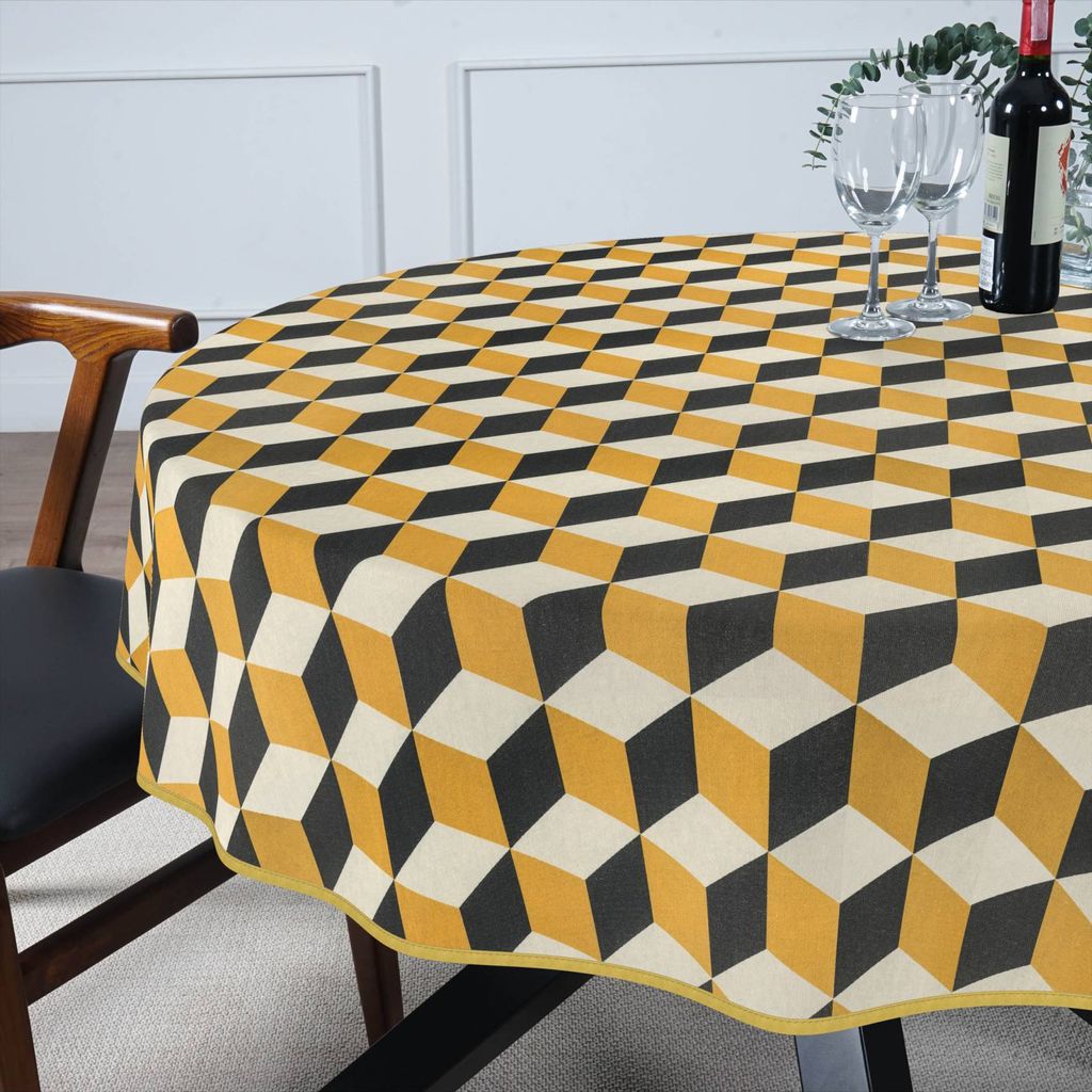 Tischdecke 3D Effekt aus Stoff mit Digitalprint Tischtuch EasyClean ACRYL Beschichtet Tischwäsche Digitaldruck Gelb Rund 120cm mit Paspelband