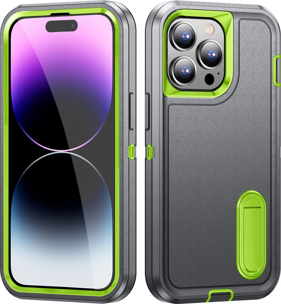 Hülle für iPhone 14 Pro Max Hybrid Dreilagige Robust Stoßfest Schwerlast Schutzhülle mit Ständer Grau