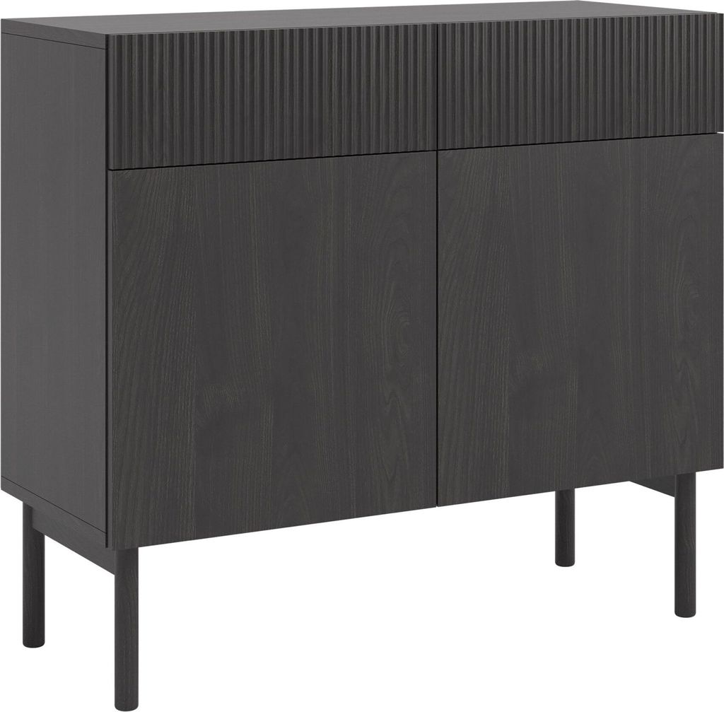 A dark wood sideboard with two doors and two drawers, shown against a white background.