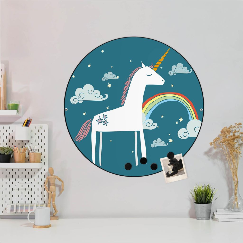 Design Stahlmagnettafel Schwarz Rund 47cm Einhorn