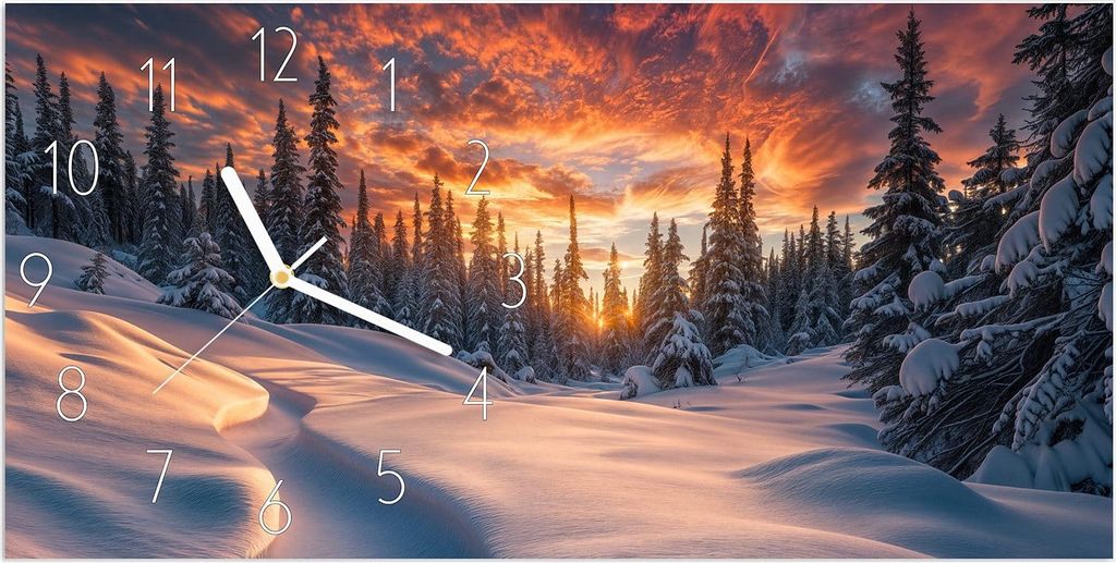 Wanduhr aus Glas mit Motiv Winterlandschaft Sonne- 60 x 30 cm - inkl. Aufhängesystem