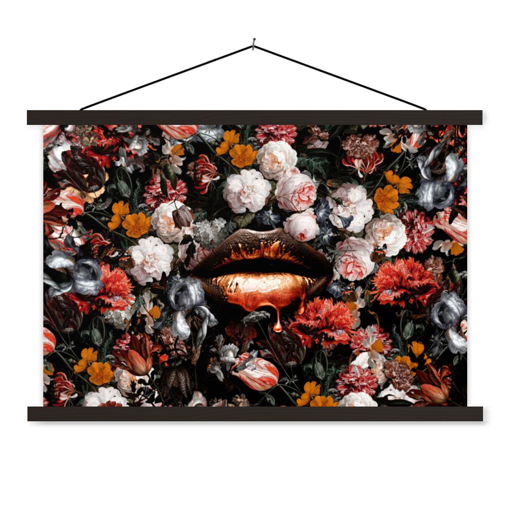 MuchoWow Textilposter Lippen - Blumen - Farbe - Orange - Kunst - Abstrakt - Alte Meister 60x40 cm mit schwarzem Rahmen - Hölzernes
