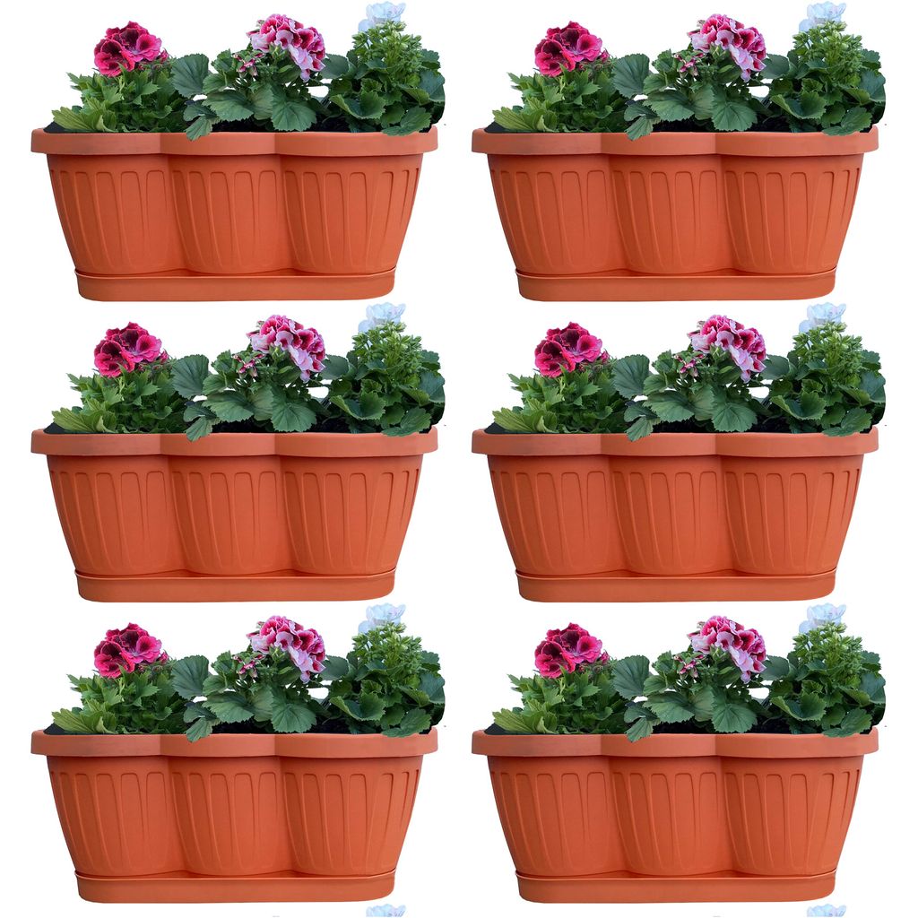 6er Set 40cm Blumenkasten Balkonkasten Pflanzkasten Terracotta im Wellendesign inkl. passenden Bewässerungsuntersetzer