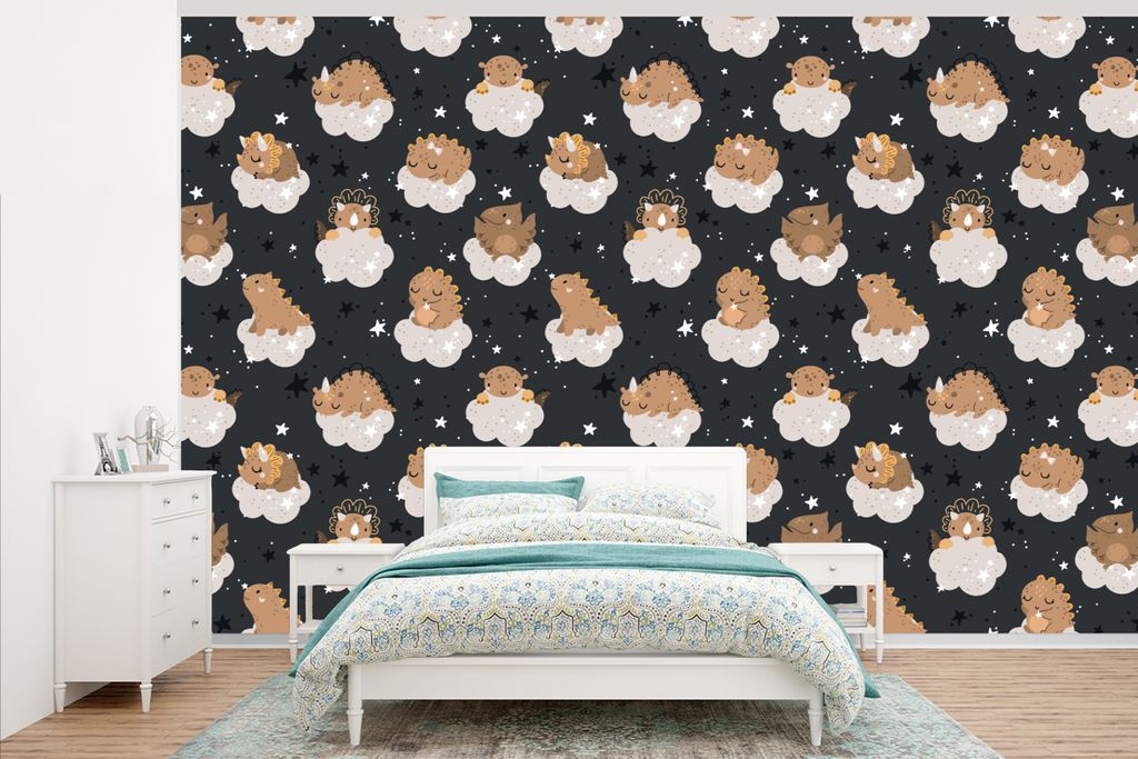 MuchoWow Fototapete für Wohnzimmer oder Schlafzimmer Wandtapete Vinyl Motivtapete Muster - Jungen - Dino - Kinder - 345x220 cm - Wohnzimmertapete