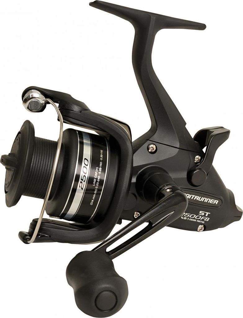 A black fishing reel is shown against a white background.