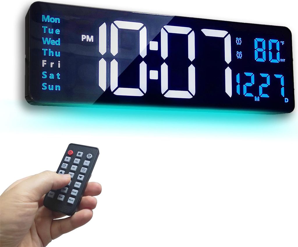 Digitale Wanduhr, 16 Zoll LED-Uhr mit Fernbedienung, automatischem Helligkeitsdimmer und Nachtlichtern für Wohnzimmerdekoration