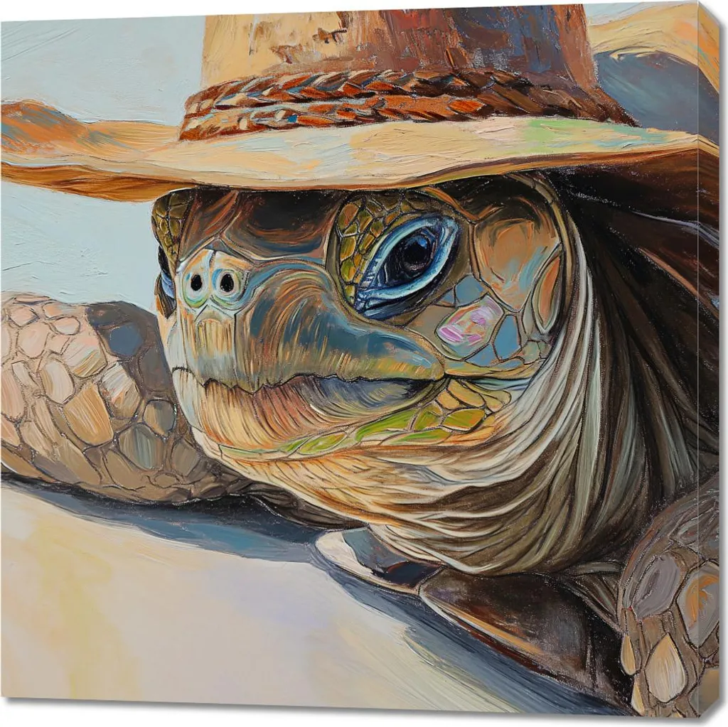 Tableau Tortue à chapeau 90x90 cm - Impression premium sur toile tendue
