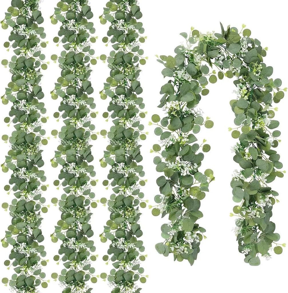 Künstliche Eukalyptusblattgirlande, 1,8 Meter lang, hängender Efeu mit weißen Blüten – 4 grüne Ranken für Hochzeitsbogen-Hintergrund, Tisch...