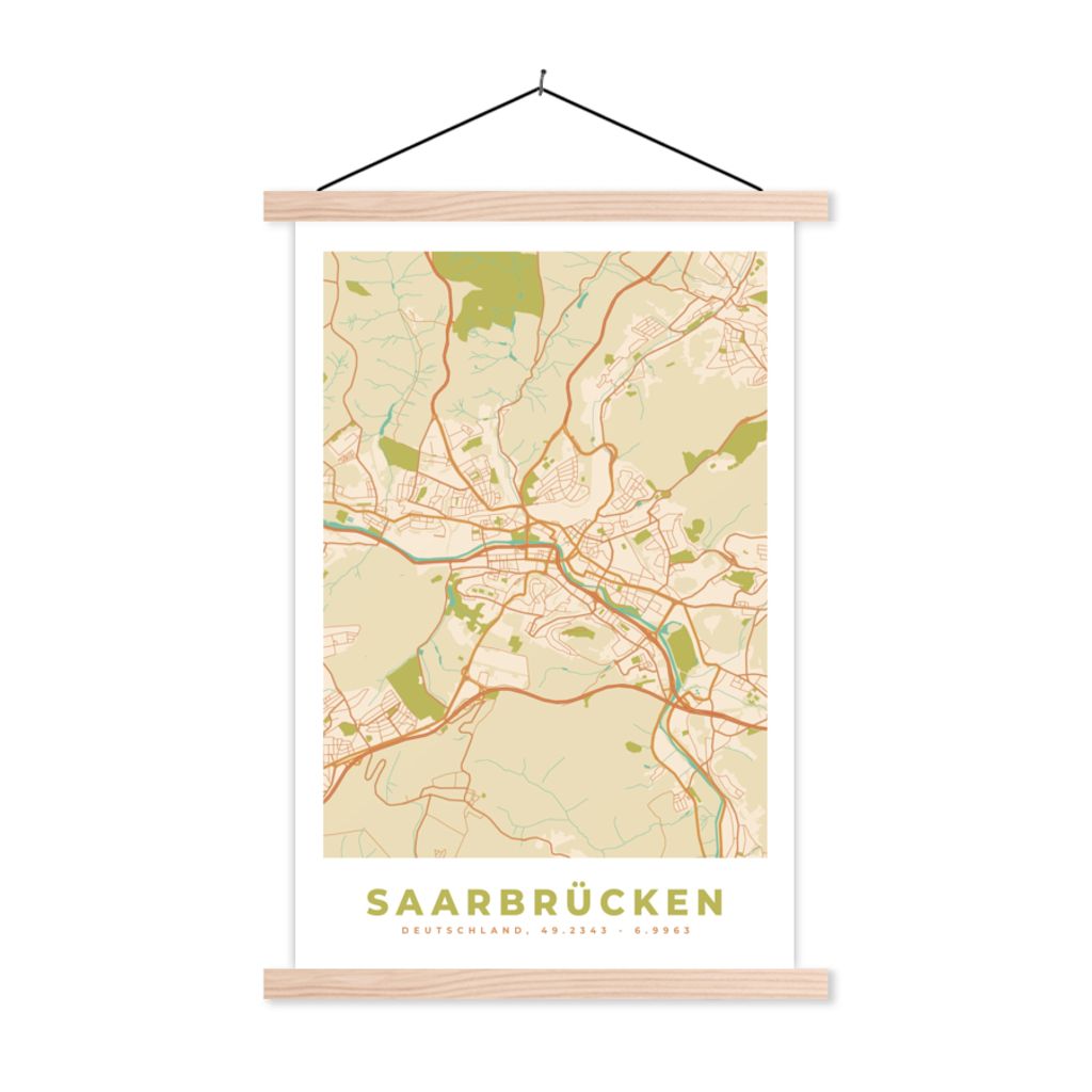 MuchoWow Textilposter Saarbrücken - Karte - Vintage - Stadtplan 120x180 cm mit holzfarbenen Rahmen - Textil-Plakat