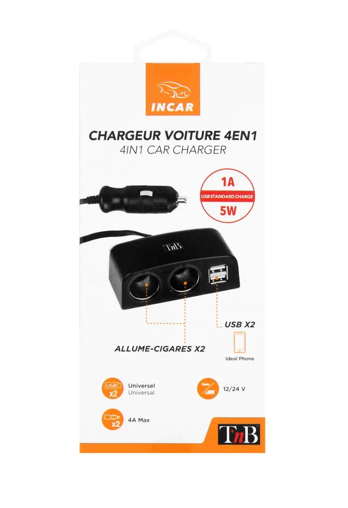 Fiche multiple USB allume-cigare noire robuste avec indicateur tension
