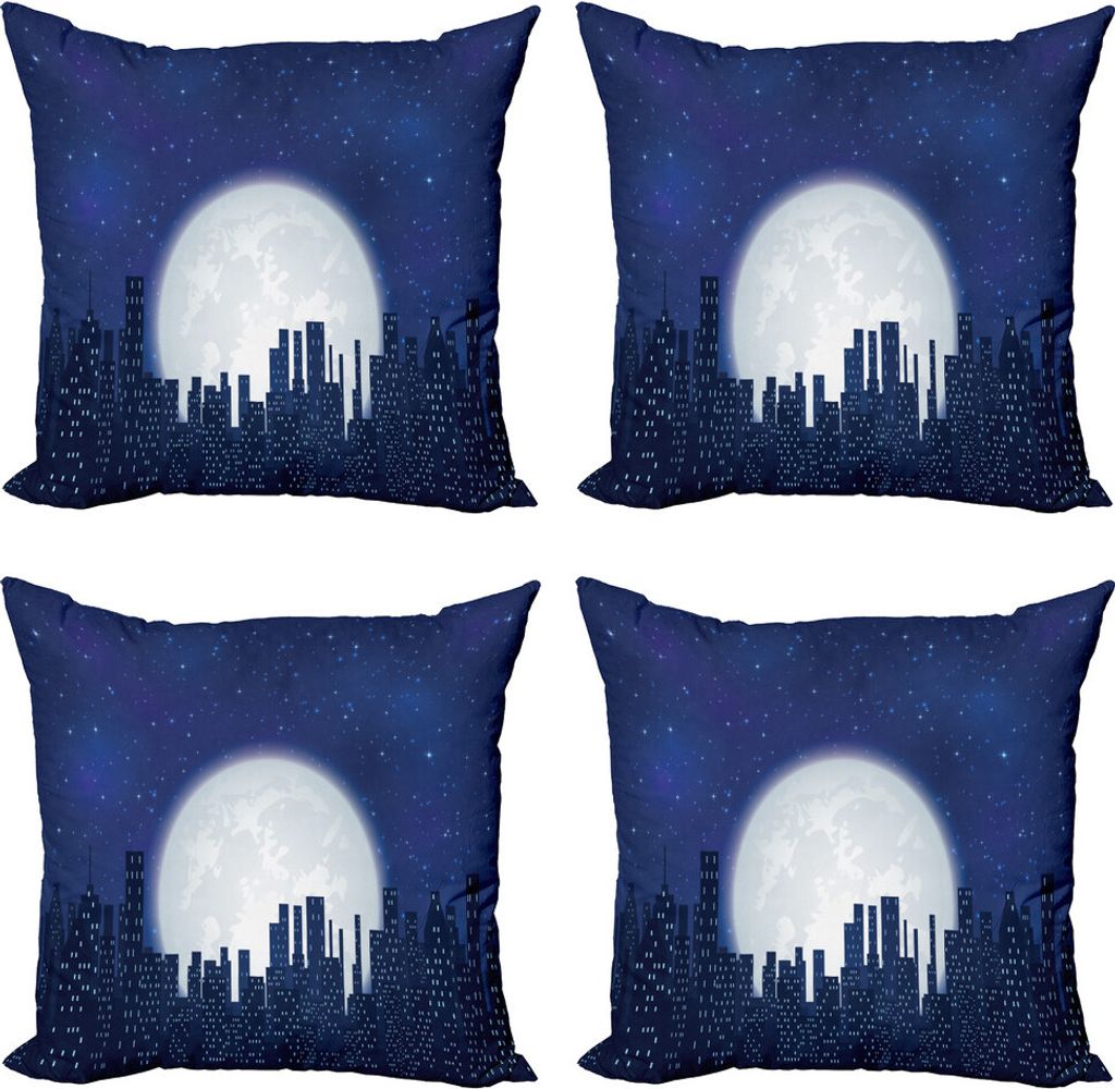 ABAKUHAUS Nachthimmel Kissenbezug Set (4 Stück), Mond Sterne und Stadt, Moderner Doppelseitiger Digitaldruck, 60 cm x 60 cm, Dark Blue Indigo Weiß