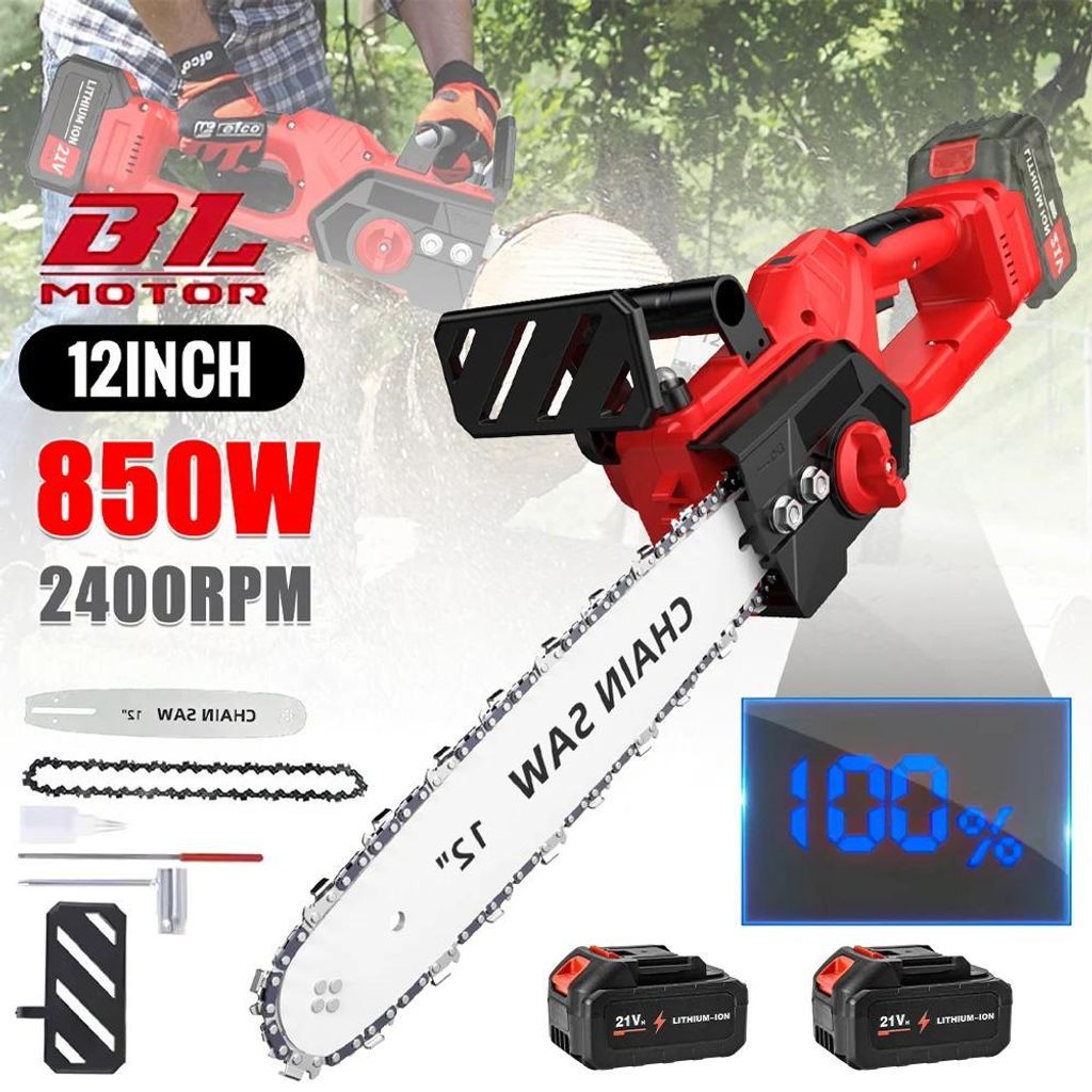 Akku-Kettensäge - 30,5 cm - Bürstenloser Motor - Kabellos, wiederaufladbar - Mit 2 Akkus - Für Holz & Garten - Rot