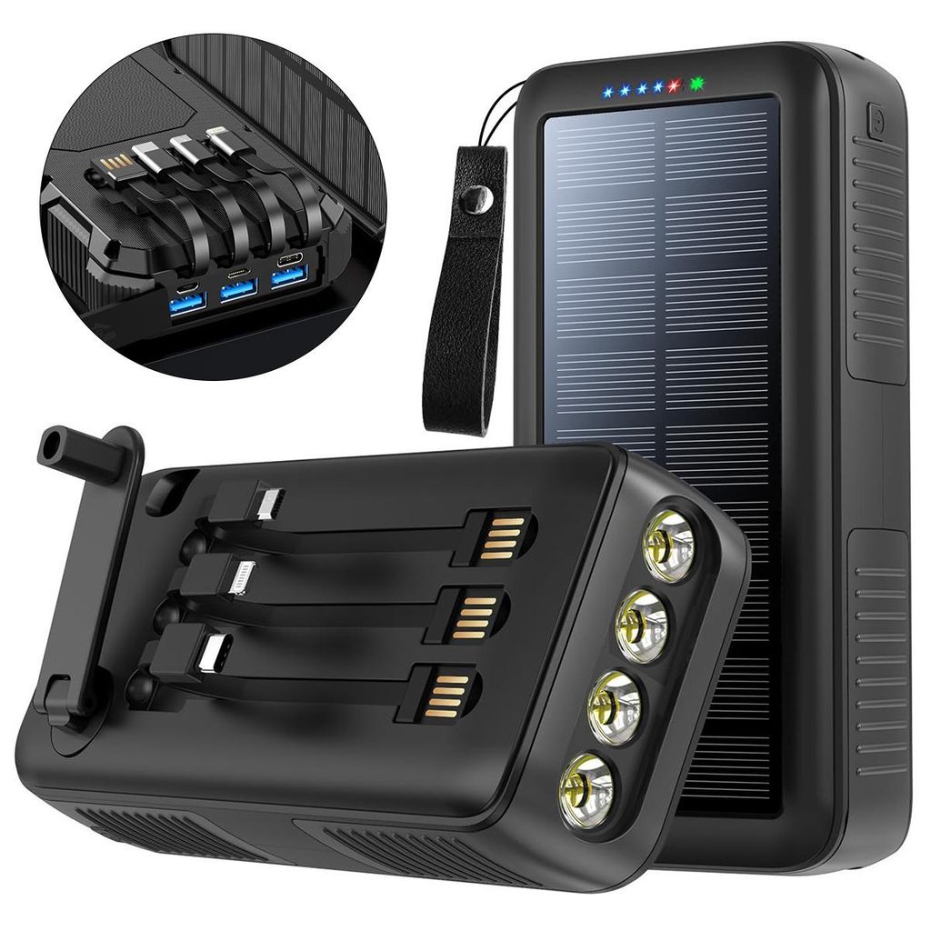 Solar Powerbank 20000mAh mit Kurbel LED Taschenlampe Dual USB Ausgänge Schnellladung Outdoor Power Bank